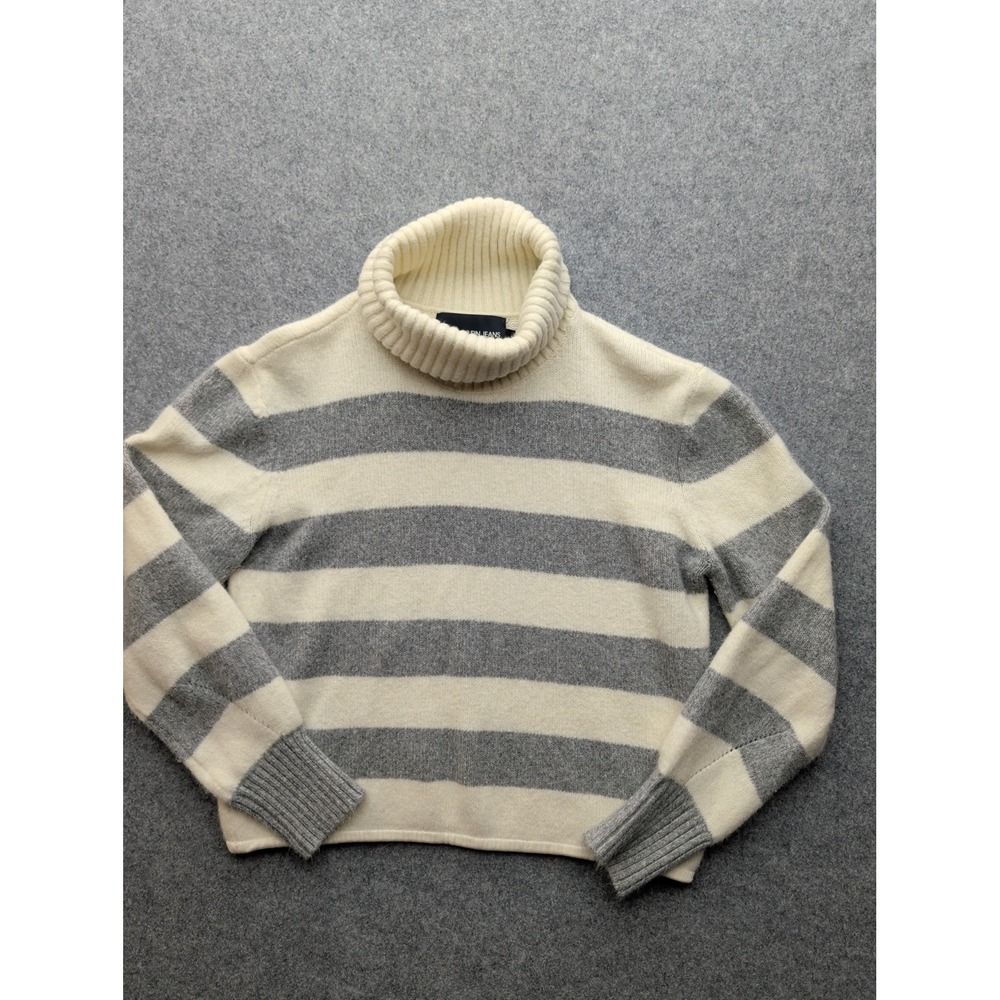 Calvin Klein Women's Ivory & Gray Striped Turtle Neck Long Sleeve Sweater L/G